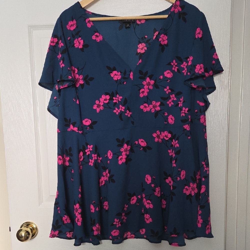 Floral V-Neck Blouse in Blue and Pink